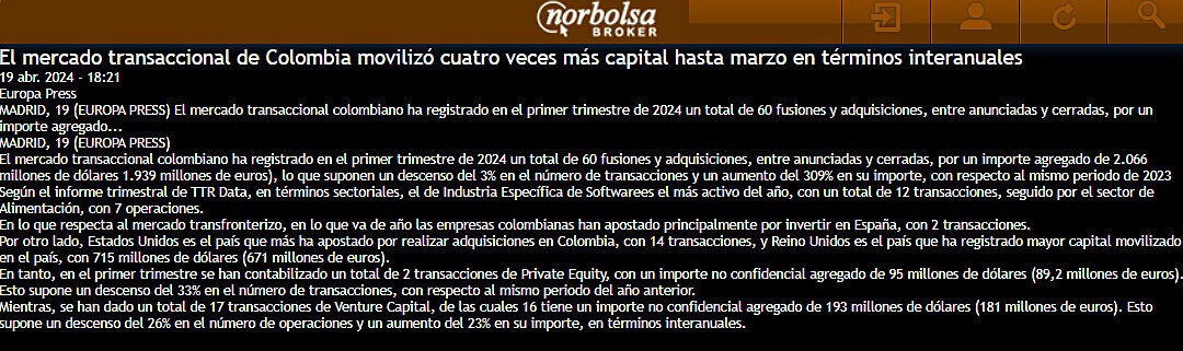 El mercado transaccional de Colombia moviliz cuatro veces ms capital hasta marzo en trminos interanuales